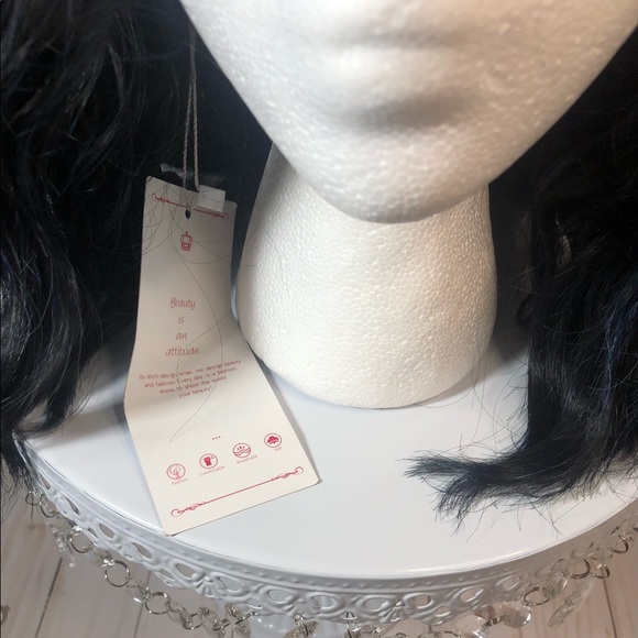 Black with Blue Highlights Shoulder Length Wavy Wig with Blunt Cut Bangs - Picture 4 of 7